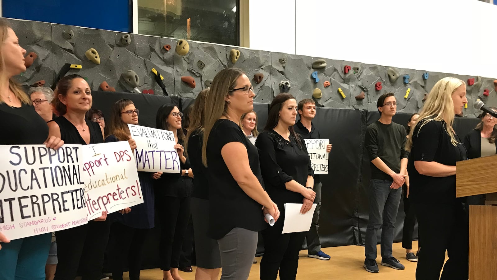 Educational sign language interpreters lobby the Denver school board in September 2018 to recognize their unionization bid.