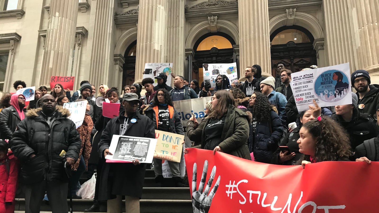 Students, parents, and activists at a Black Lives Matter at School rally in New York City on February 7, 2019