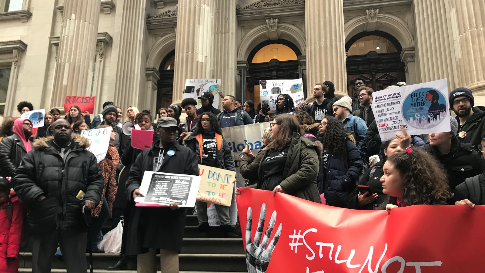 Students, parents, and activists at a Black Lives Matter at School rally in New York City on February 7, 2019