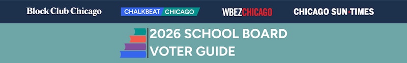 A colorful panel with logos and the words read "2026 School Board Voter Guide."