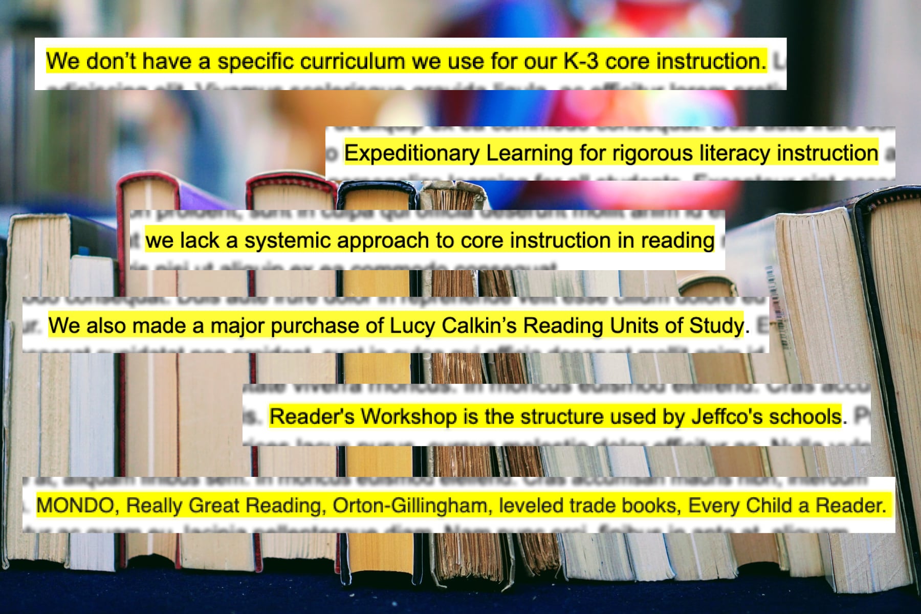 On a background of books, snippets show Jeffco principal responses about their core reading curriculum.