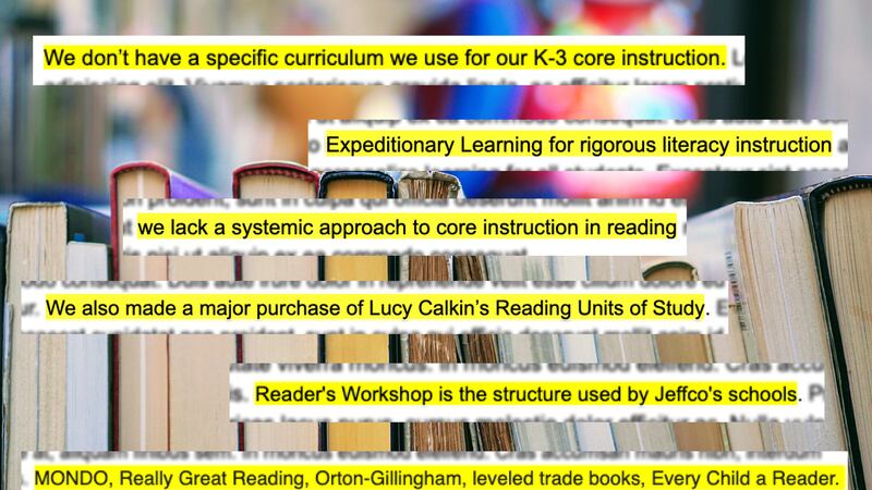 On a background of books, snippets show Jeffco principal responses about their core reading curriculum.