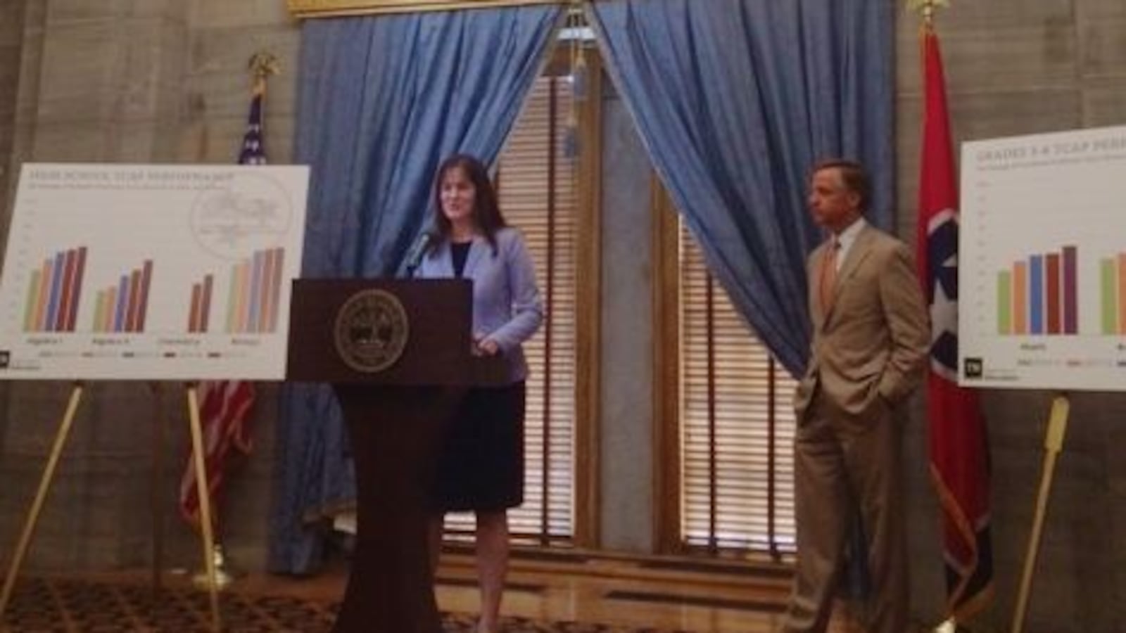 Tennessee Education Commissioner Candice McQueen and Gov. Bill Haslam present statewide TCAP results for 2015 in early July. For the most part, scores went up statewide. But at individual schools, it can be hard to explain why.