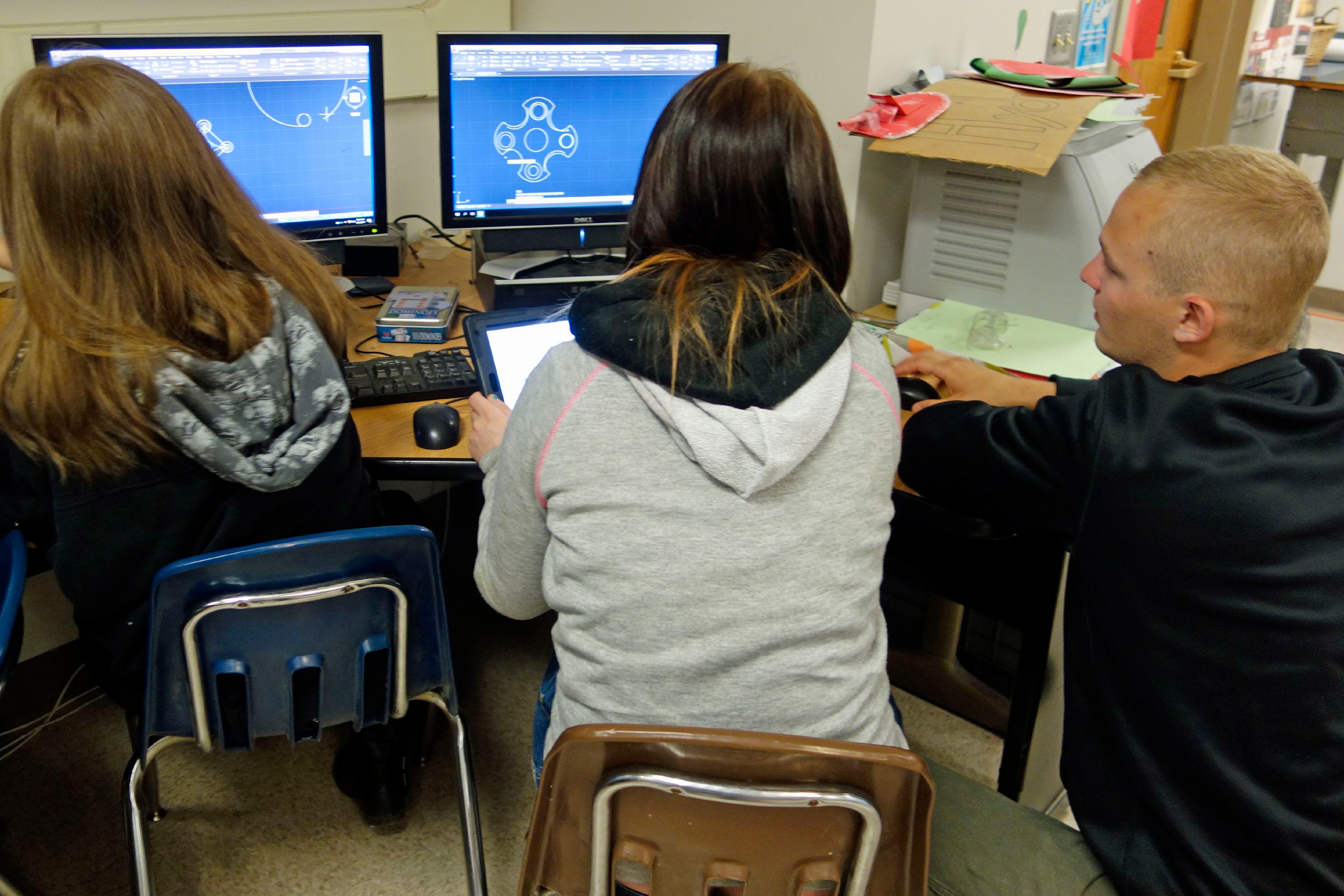 7th Grade Girls Receiving Instruction, CAD Program in Technology Class