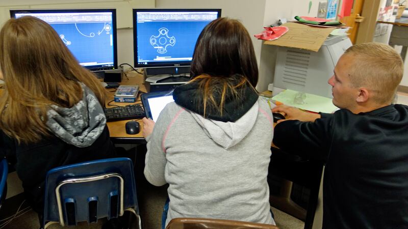 7th Grade Girls Receiving Instruction, CAD Program in Technology Class