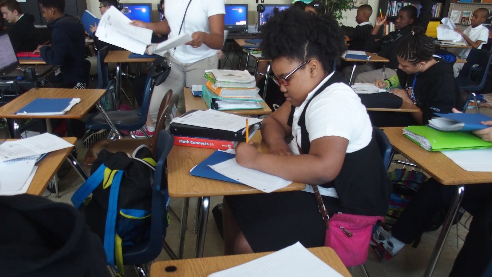 A student prepares for an exam at Treadwell Middle School in Memphis.