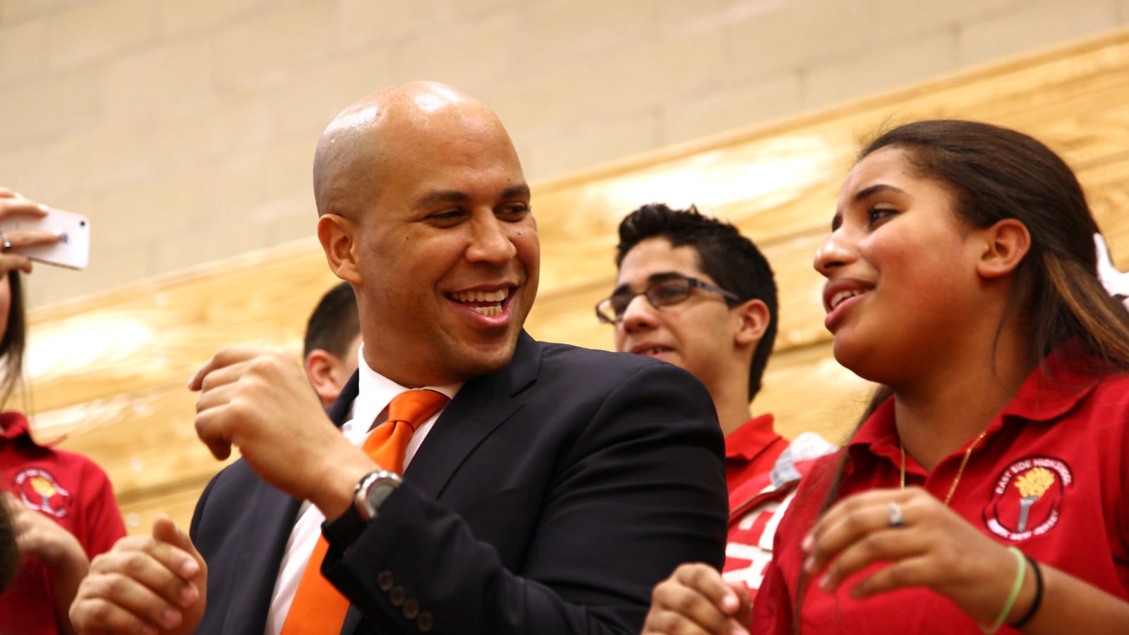 Cory Booker with students at Weequahic High School  when he was mayor of Newark, New Jersey. (Photo by Paul Zimmerman/WireImage)