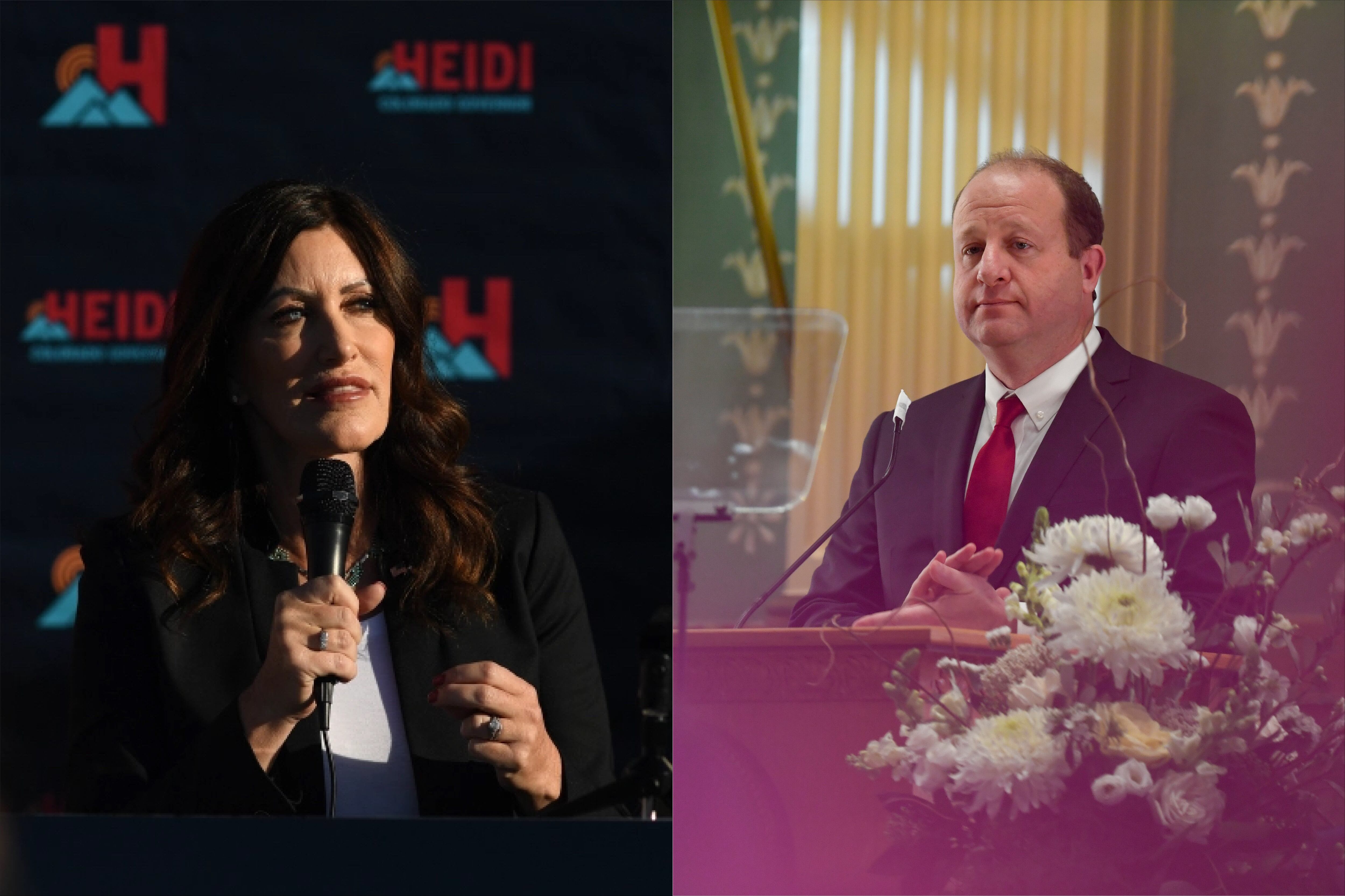 (From left) Republican gubernatorial candidate Heidi Ganahl and Democratic Governor Jared Polis.