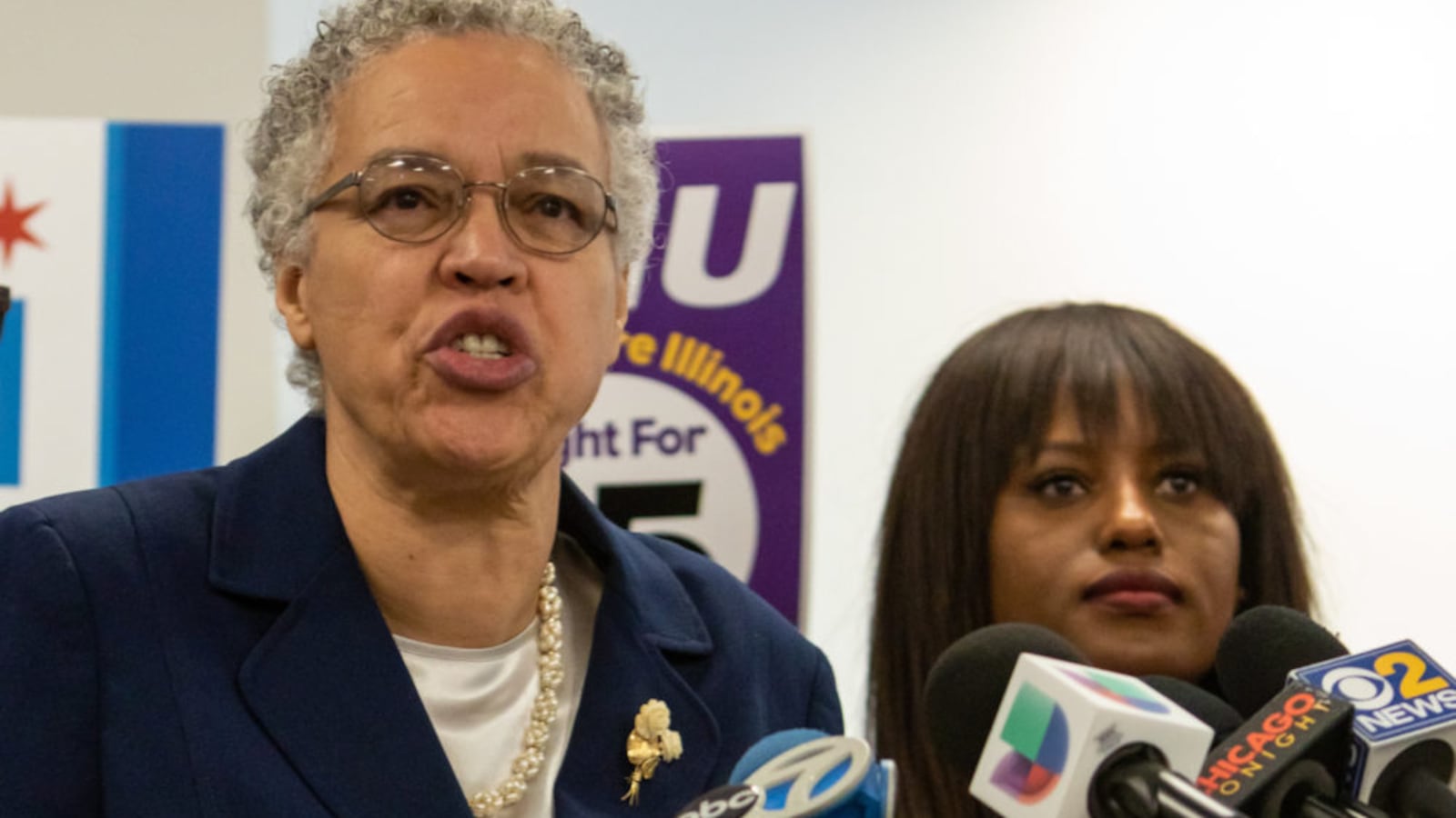 Mayoral candidate Toni Preckwinkle speaking at a press conference in December after receiving endorsements from the Chicago Teachers Union and other labor groups, including SEIU. THe woman to her right is Teachers union Vice President Stacy Davis Gates.
