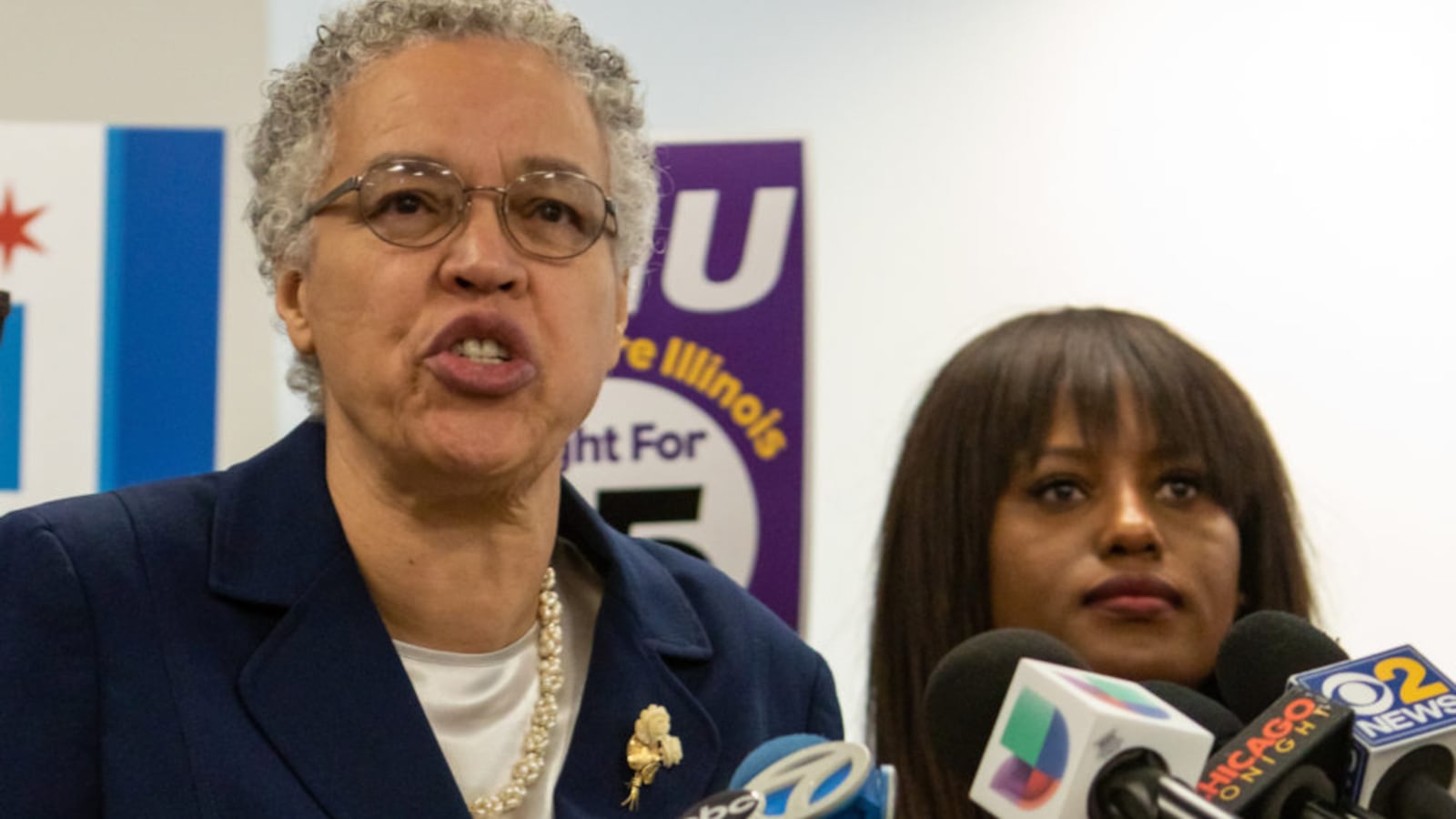 Mayoral candidate Toni Preckwinkle speaking at a press conference in December after receiving endorsements from the Chicago Teachers Union and other labor groups, including SEIU. THe woman to her right is Teachers union Vice President Stacy Davis Gates.