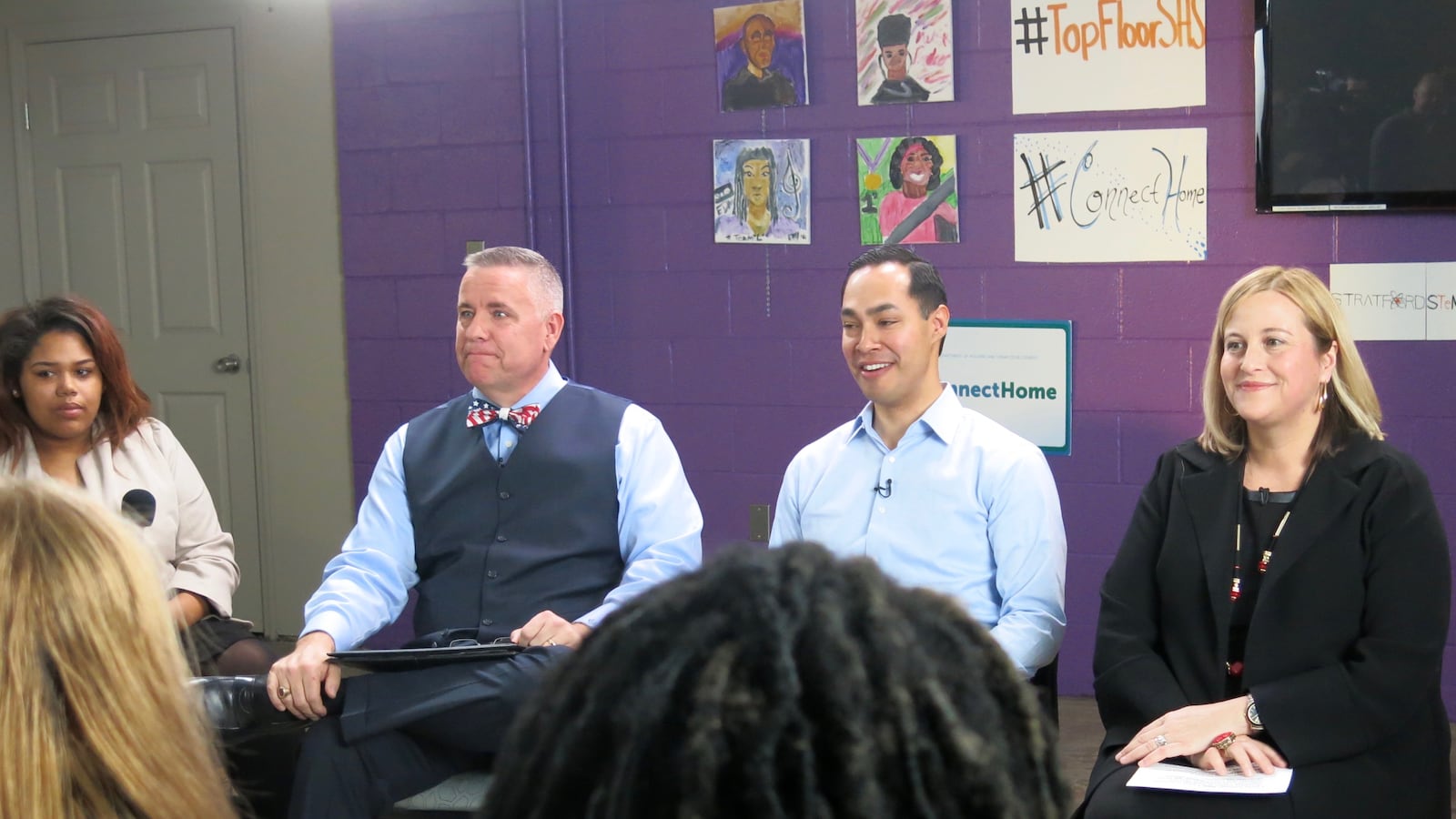 From left: Nashville student Precious Carter, Stratford principal Michael Steele, U.S. Secretary of Housing and Urban Development Julian Castro and Mayor Megan Barry discuss barriers to Internet service in low-income areas.
