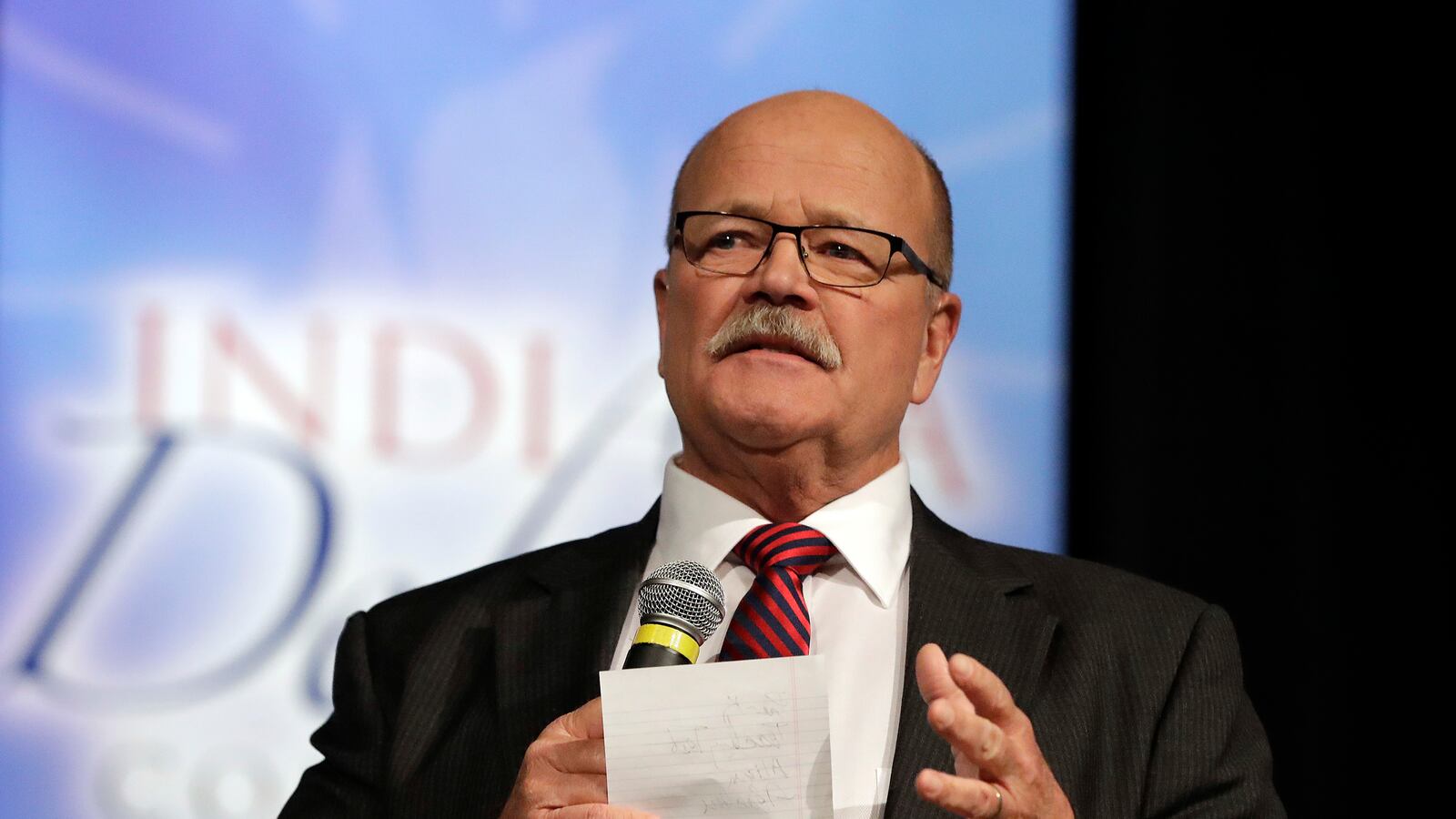 Libertarian Rex Bell, middle, responds to a question during a debate for Indiana Governor, Tuesday, Sept. 27, 2016, in Indianapolis. Democrat John Gregg and Republican Lt. Gov. Eric Holcomb also participated in the debate.
