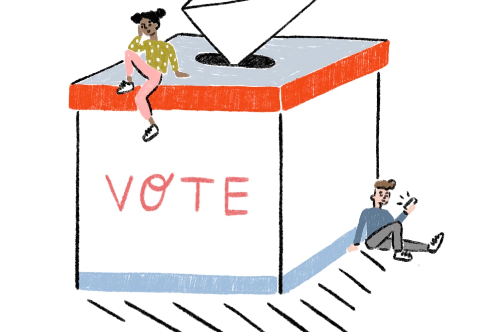 A drawing of two young people sitting on or near a large box that says "VOTE"