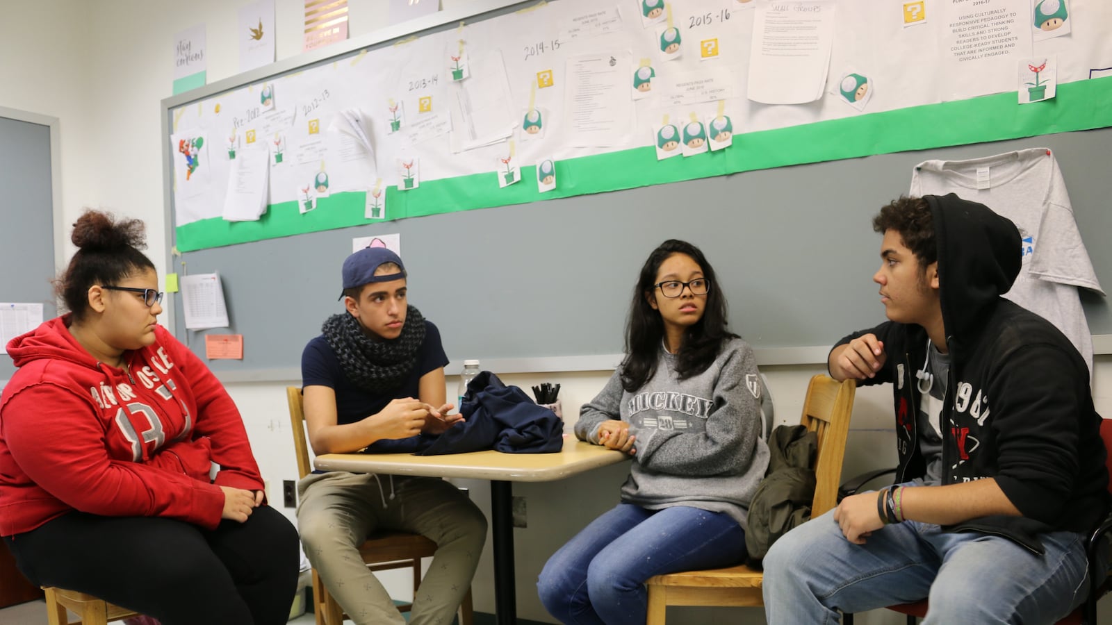 East Bronx Academy for the Future students Carla Borbon, Justin Vargas, Jayla Cordero, and Hugo Rodriguez talk about the election. (Alex Zimmerman)