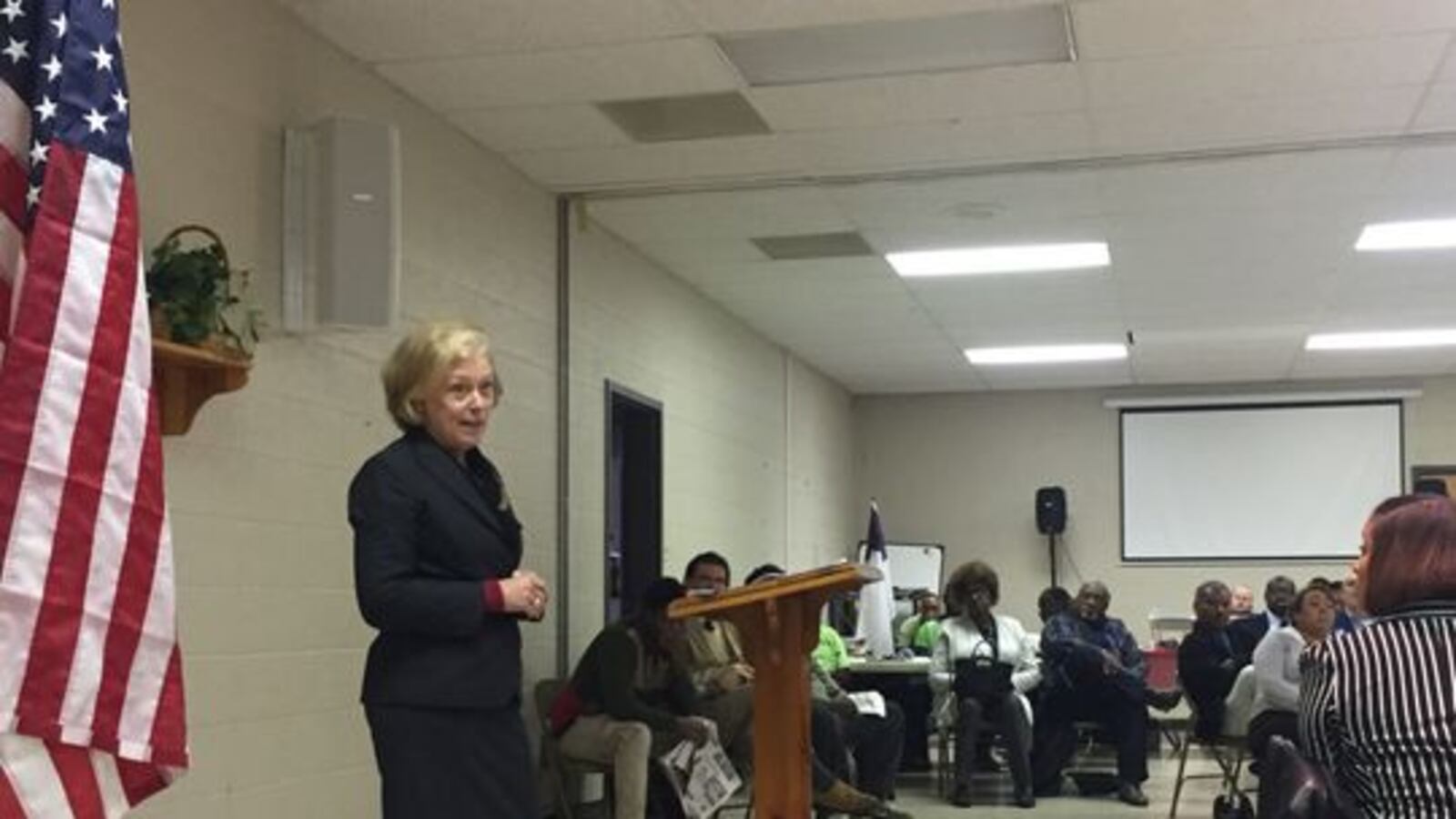 Kathleen Airhart, then the interim superintendent of the state-run Achievement School District, speaks in February to a community meeting sponsored by the Frayser Exchange in Memphis.