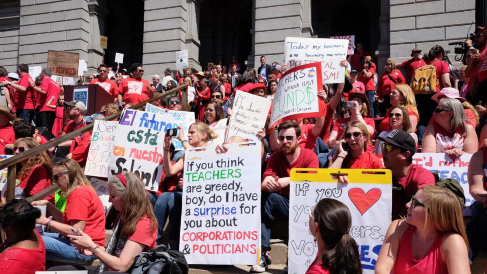 Thousands of Colorado teachers rally on the steps of the Capitol on Friday, April 27. (Erica Meltzer/Chalkbeat)