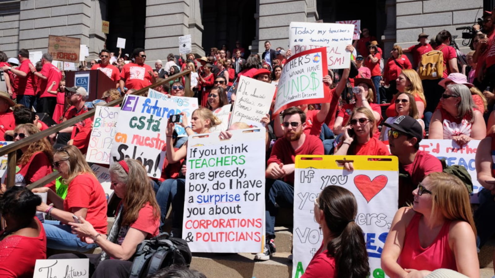Thousands of Colorado teachers rally on the steps of the Capitol on Friday, April 27. (Erica Meltzer/Chalkbeat)