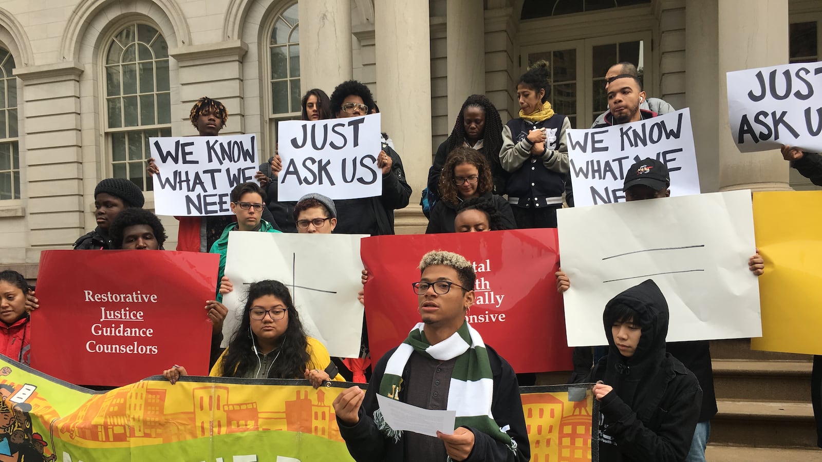 Student activists protesting bullying outside City Hall in October 2017