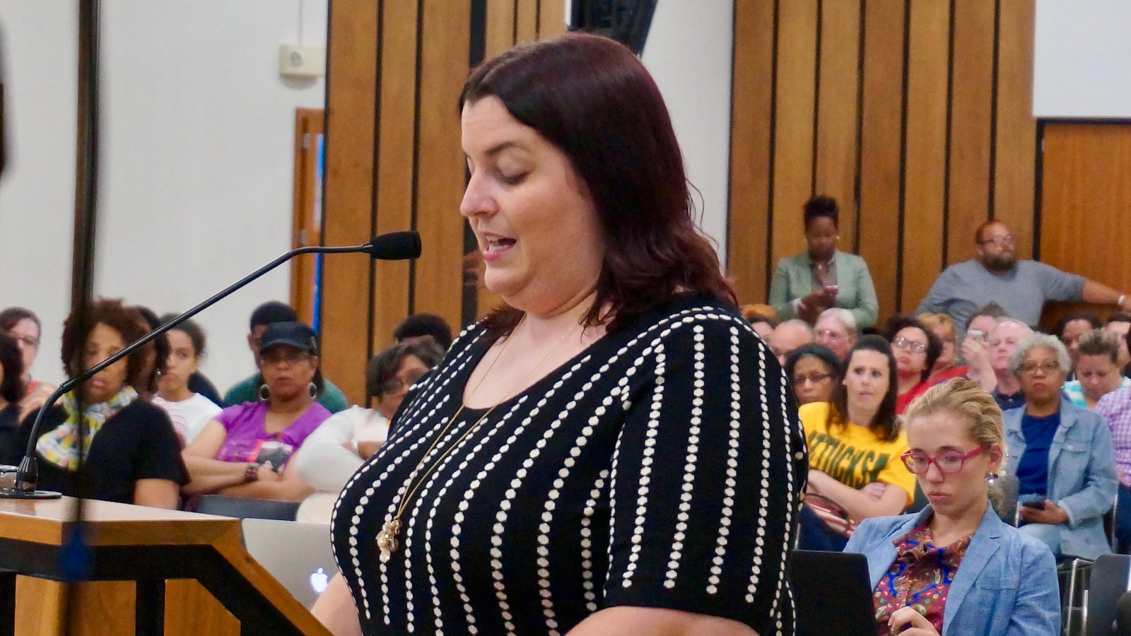 Teacher Tina Ahlgren spoke to the Indianapolis Public Schools Board in June about the importance of making the high school closing process easier for teachers.