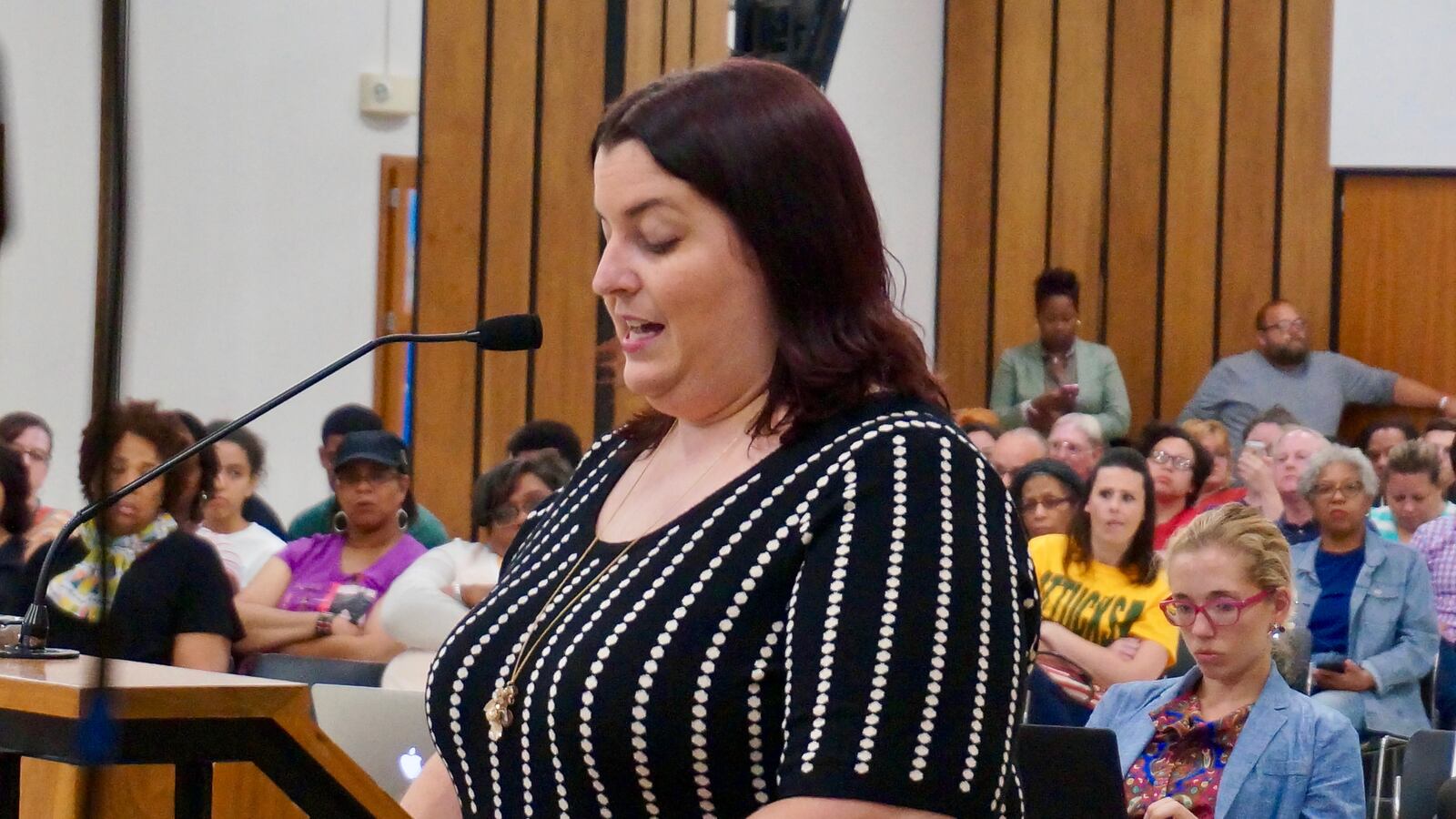 Teacher Tina Ahlgren spoke to the Indianapolis Public Schools Board in June about the importance of making the high school closing process easier for teachers.