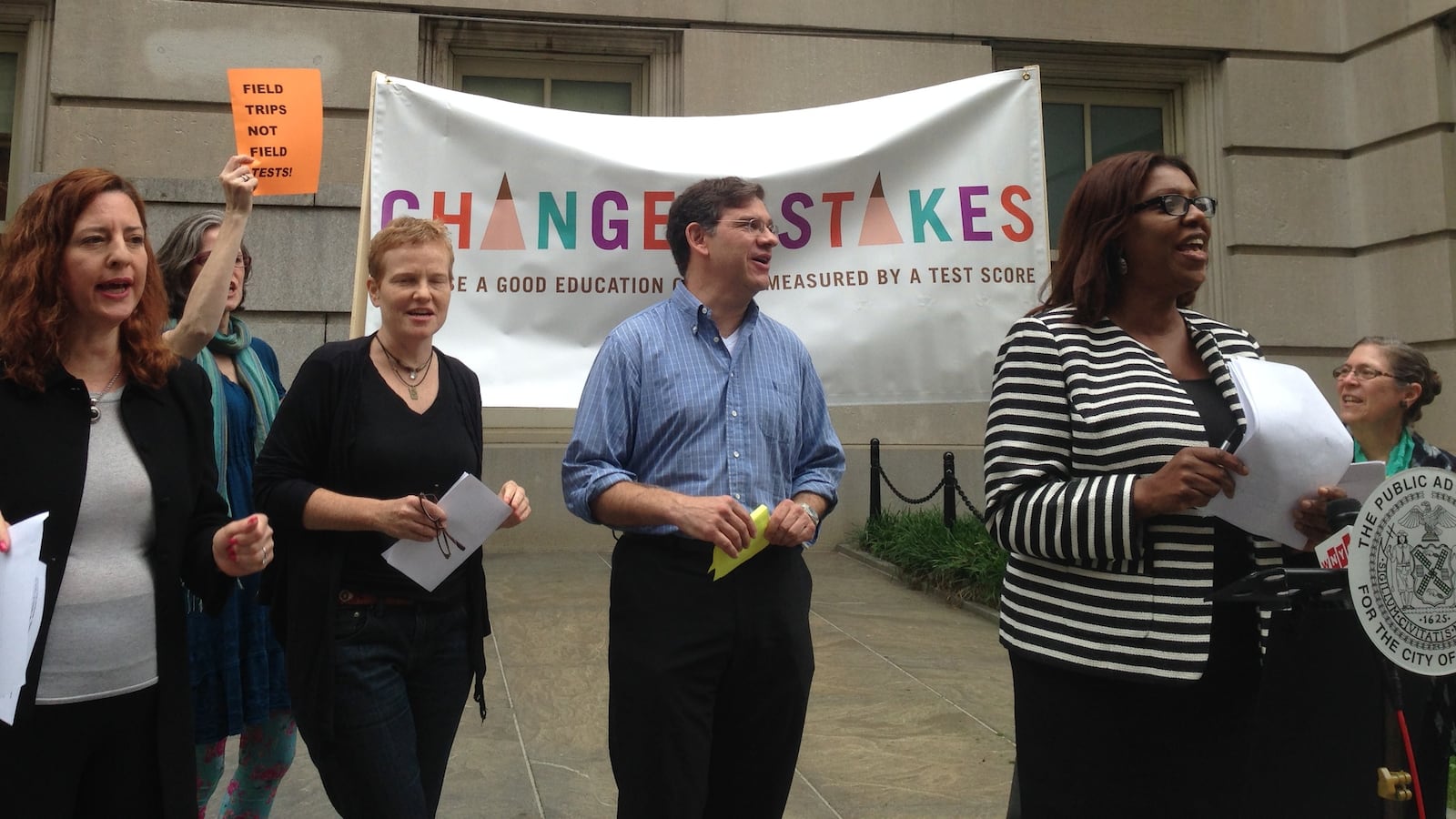 Public Advocate Letitia James (right) and parents rallied to ban field testing in front of City Hall Wednesday.