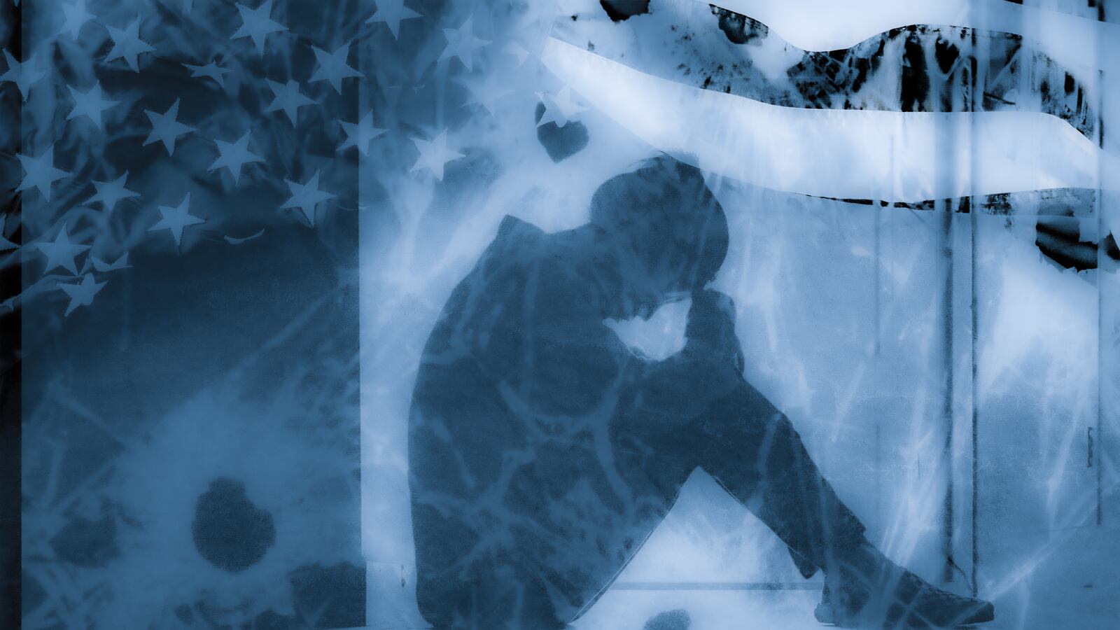 A teenager sits on the floor, holding their head in their hands, silhouetted with images of the American flag and bullet holes in a pane of glass.