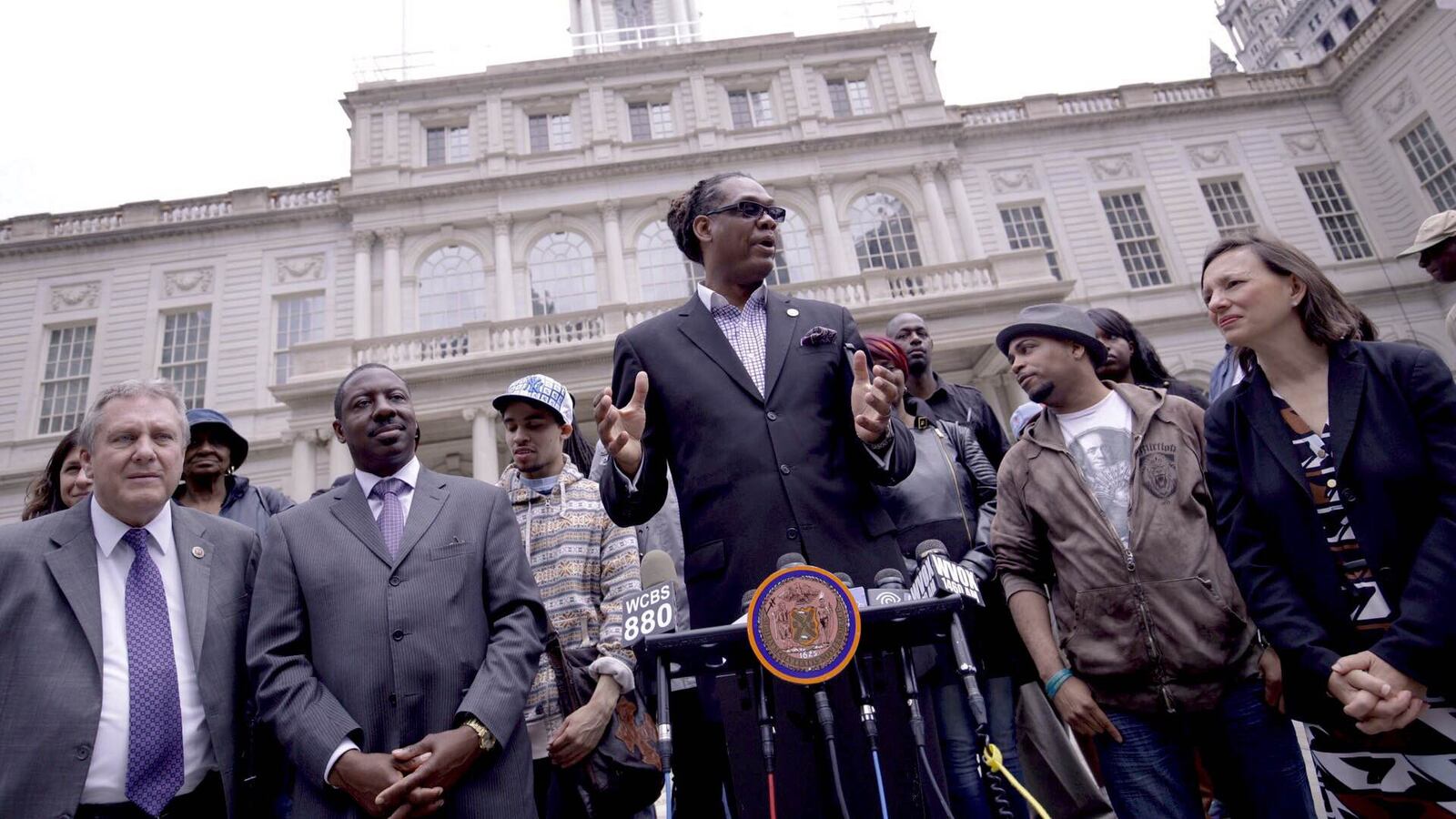 City Councilman Robert Cornegy, Jr., with Elizabeth Rose, the Department of Education's deputy chancellor for operations, discuss door alarms outside City Hall on Thursday.