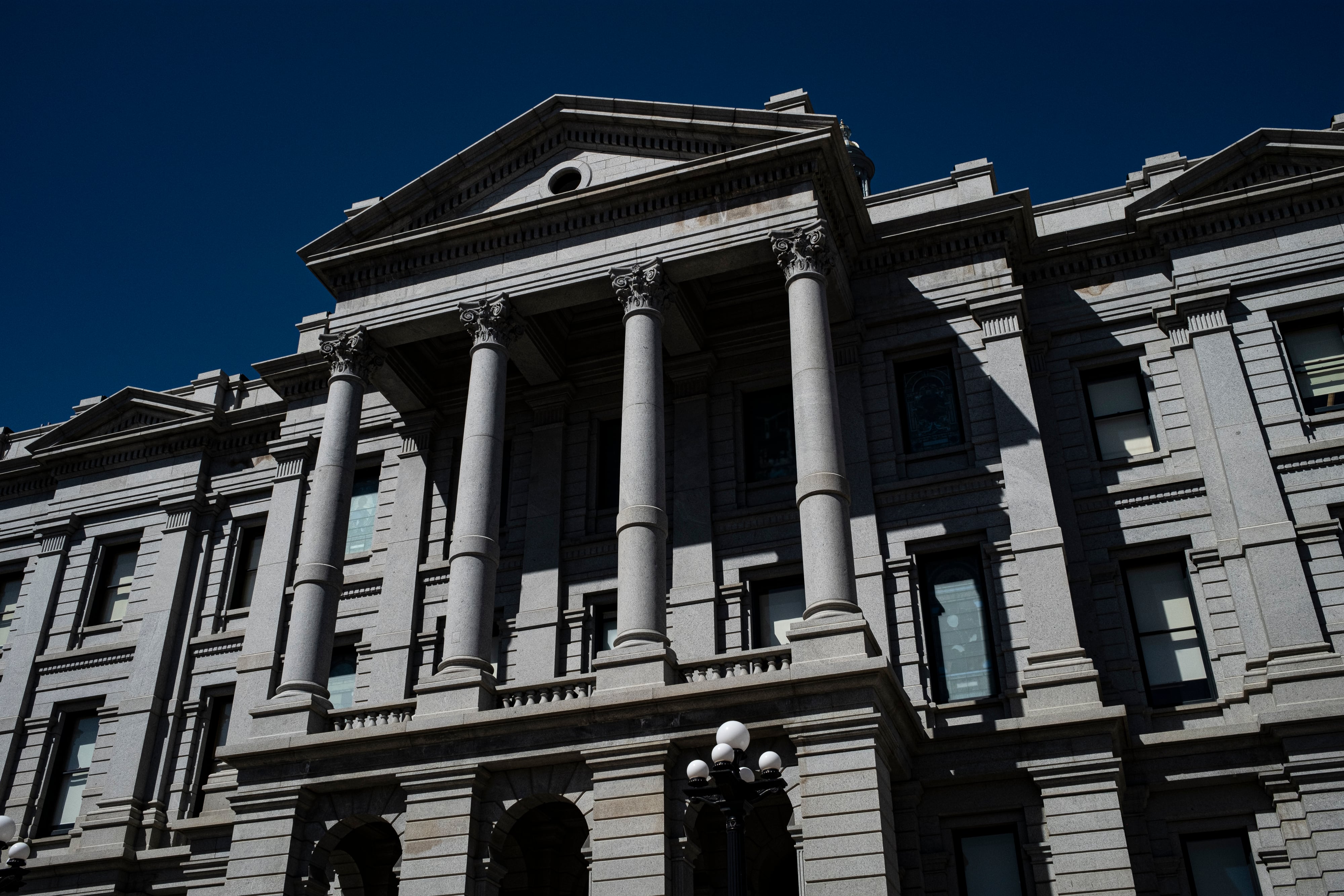 An up-close view of the Colorado State Capitol building in Denver.