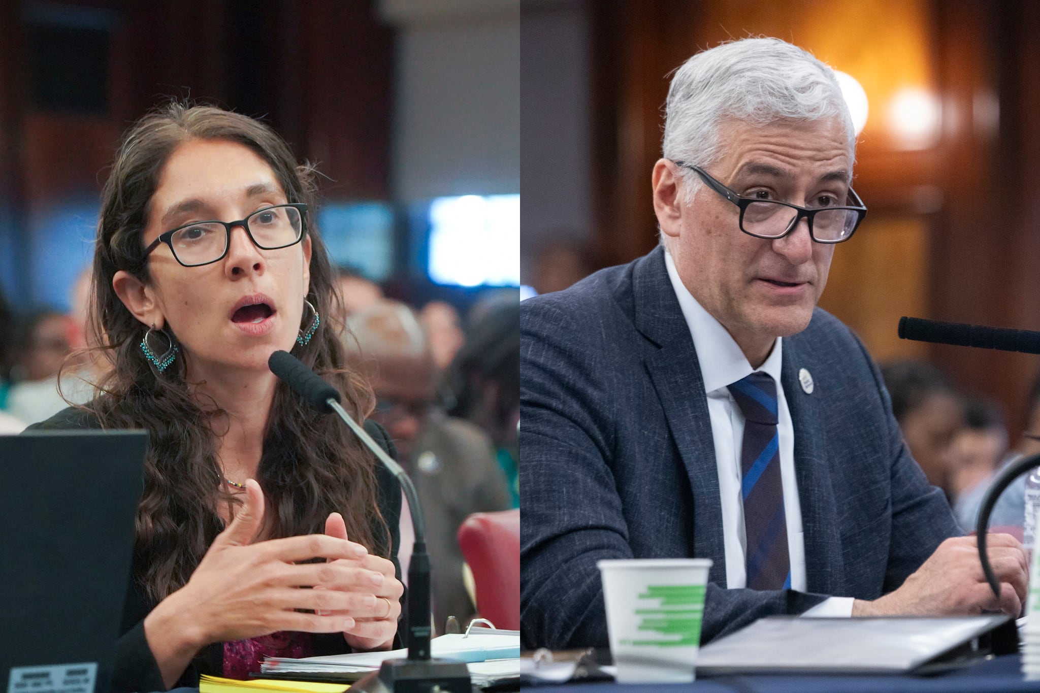 A collage of two photographs. The left image is a white woman in a suit with long hair speaking in front of a microphone. The image on the right is a white man in a suit speaking in front of a microphone.