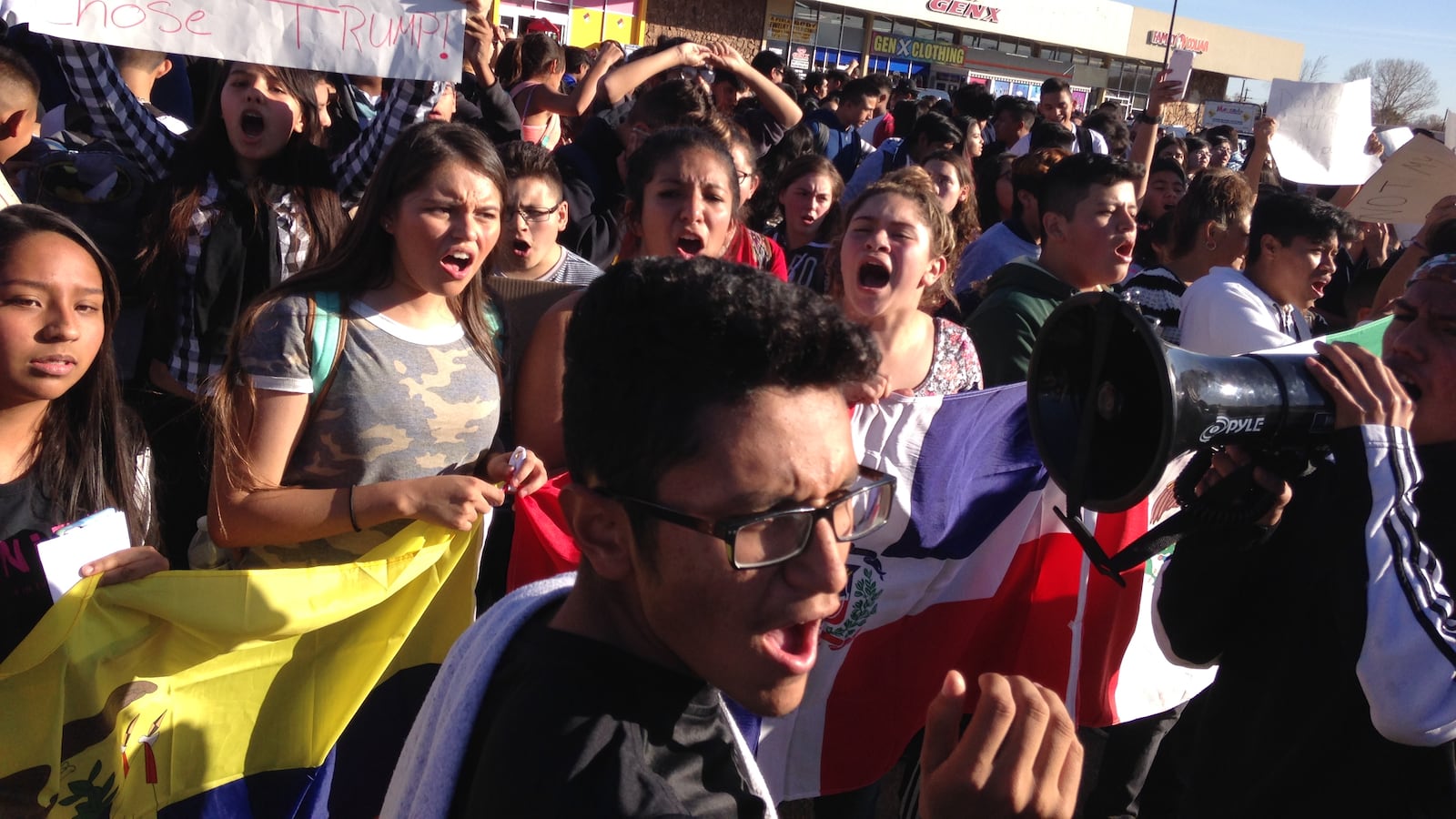 Denver students chant in protest of Donald Trump.