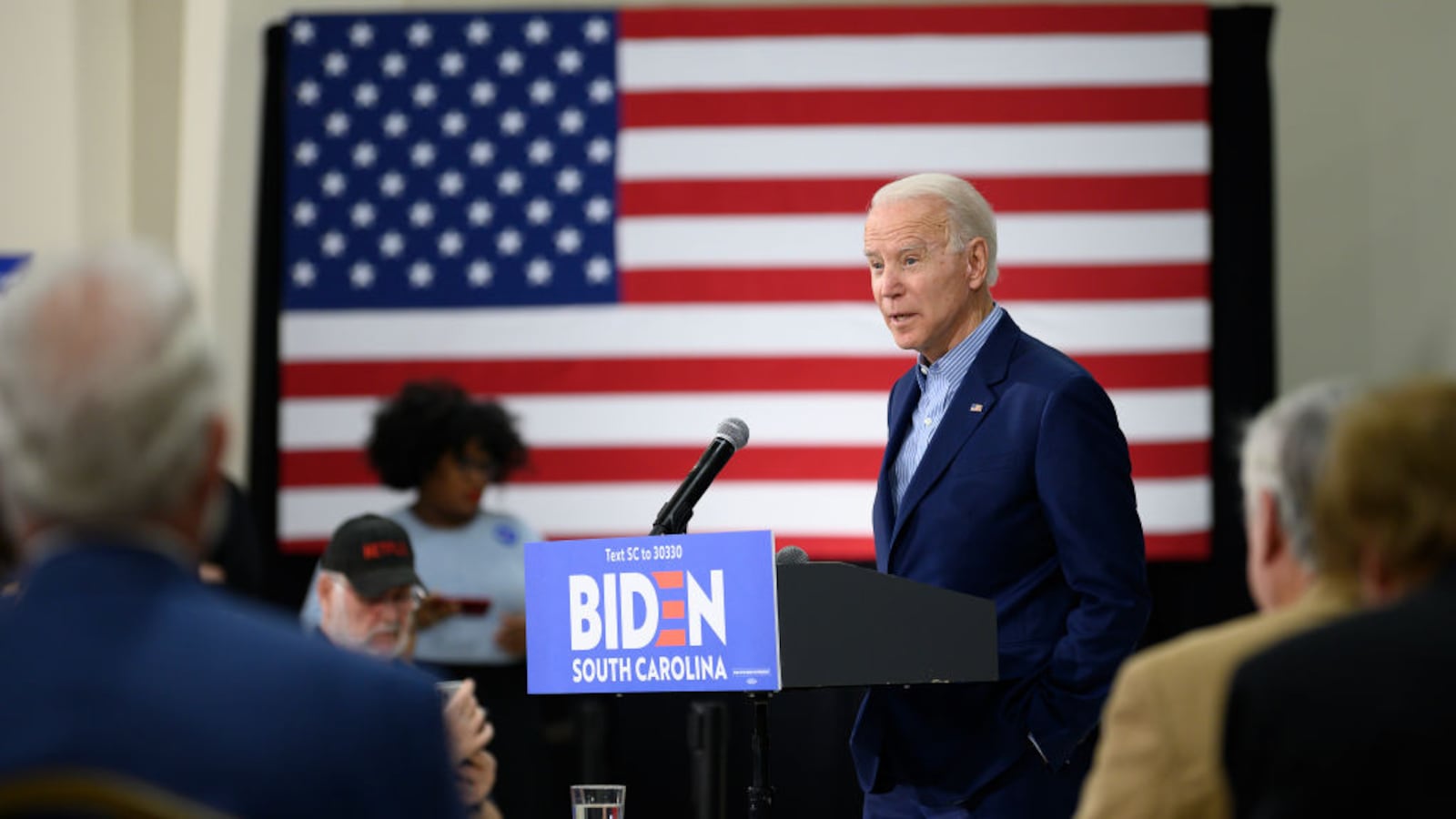Democratic presidential candidate Joe Biden speaks at a town hall meeting in Sumter, South Carolina in February 2020.