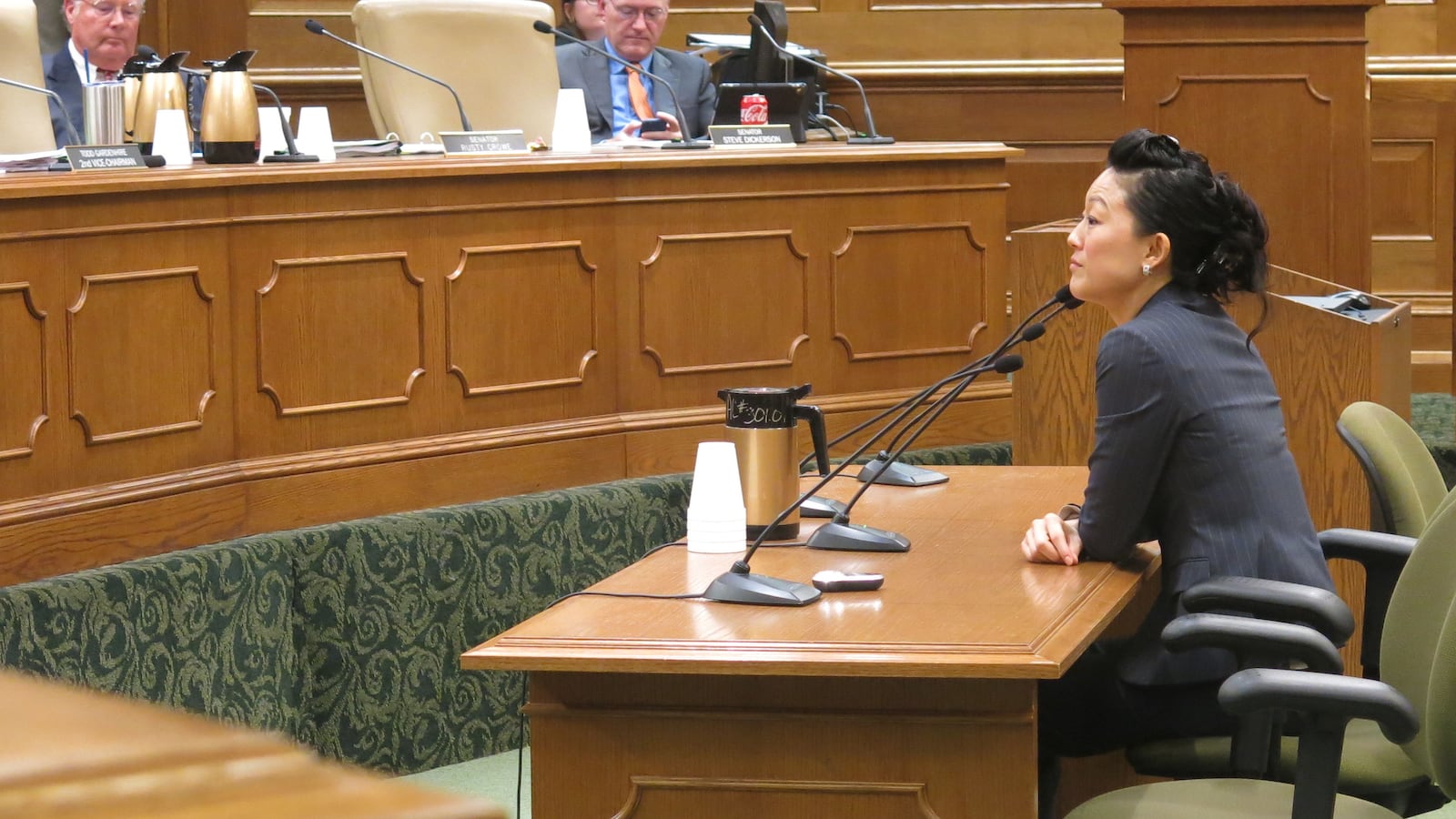 Elissa Kim of Nashville speaks to the Senate Education Committee Wednesday before her confirmation vote.
