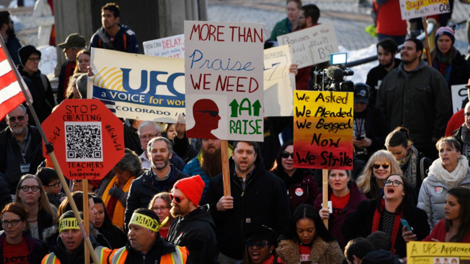 Denver Classroom Teachers Association teachers and supporters rally at the Colorado State Capitol on January 30, 2019, demanding better wages and urging the state not to get involved in a possible strike.