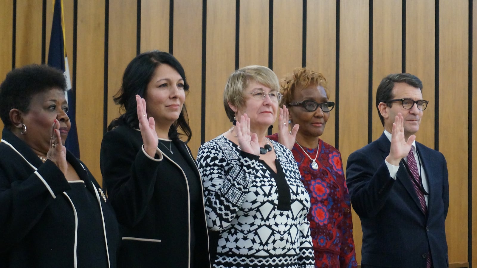Five IPS board members were sworn in. Left to right: Elizabeth Gore, Dorene Rodriguez Hoops, Diane Arnold, Venita Moore and Michael O'Connor.