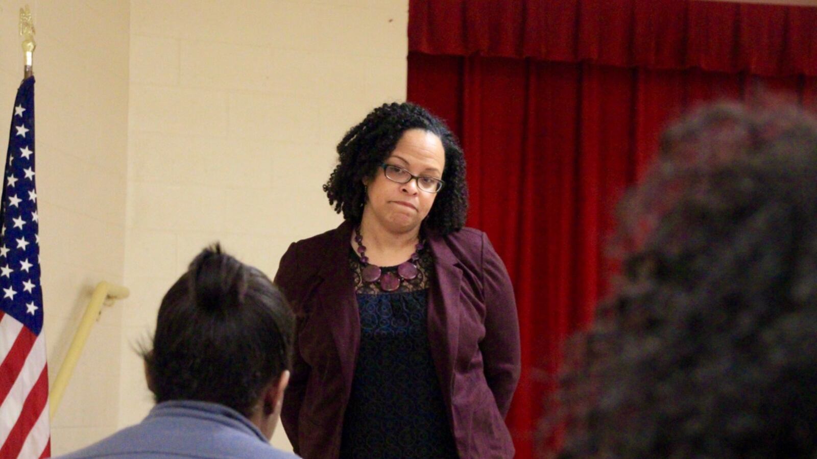 ASD Superintendent Malika Anderson listens to parents’ concerns in January at Gestalt’s Klondike Elementary, which will close this spring due to low enrollment.
