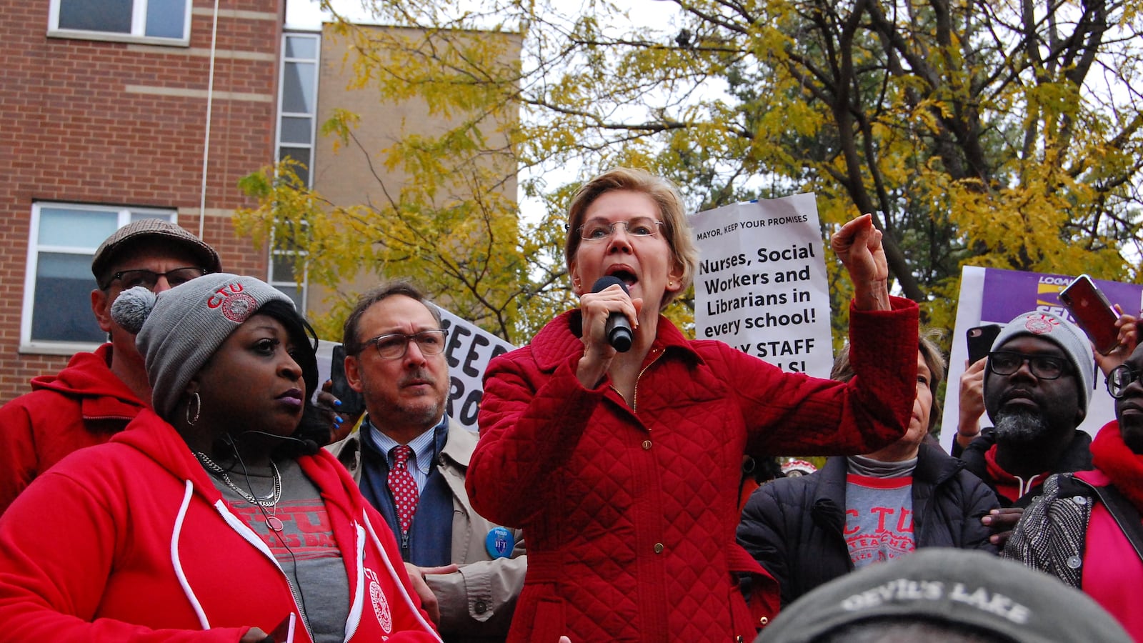 Democratic presidential candidate U.S. Sen. Elizabeth Warren addresses striking Chicago teachers Oct. 22, 2019.