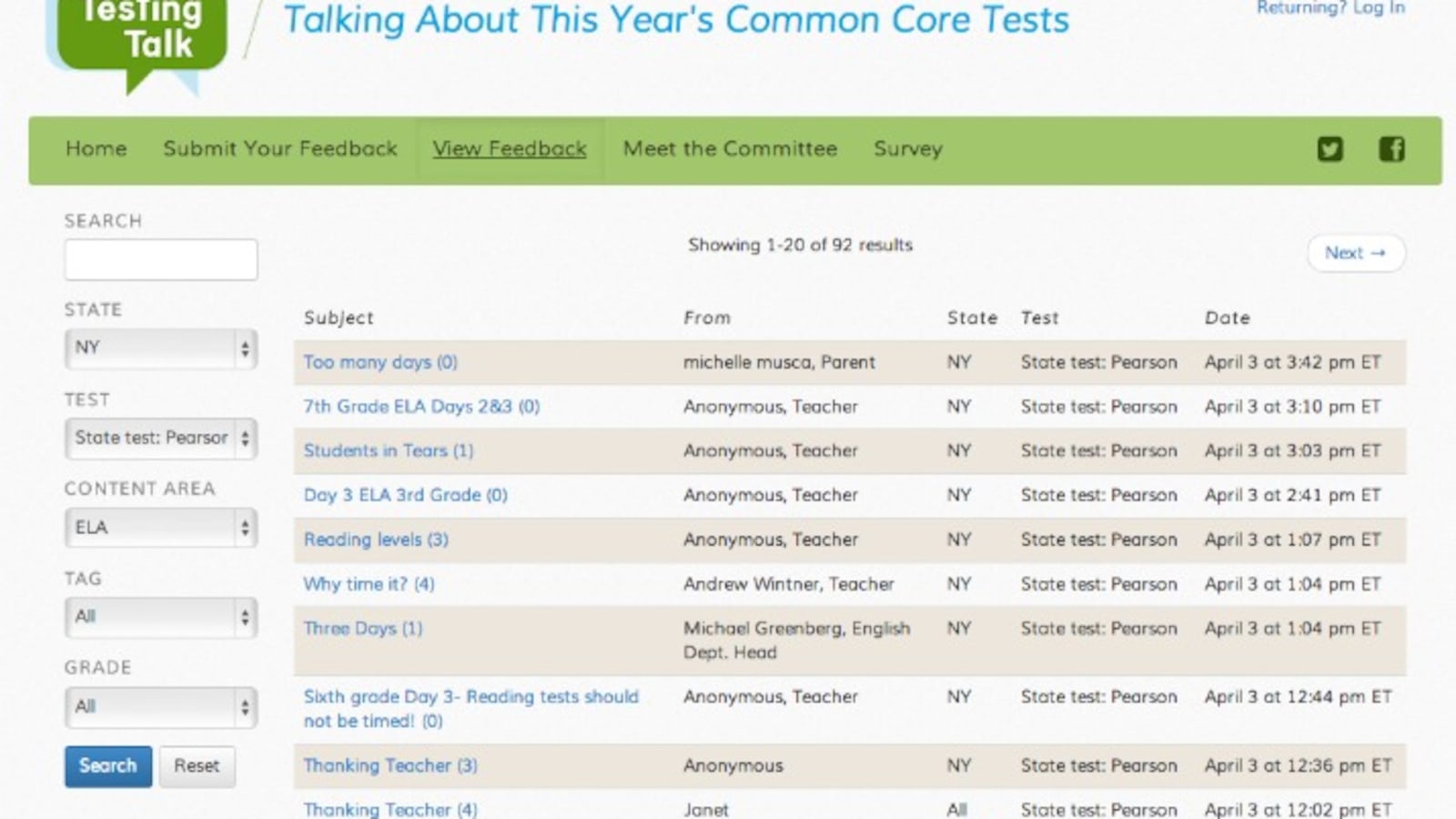 A new website asks teachers to share their thoughts about Common Core tests.