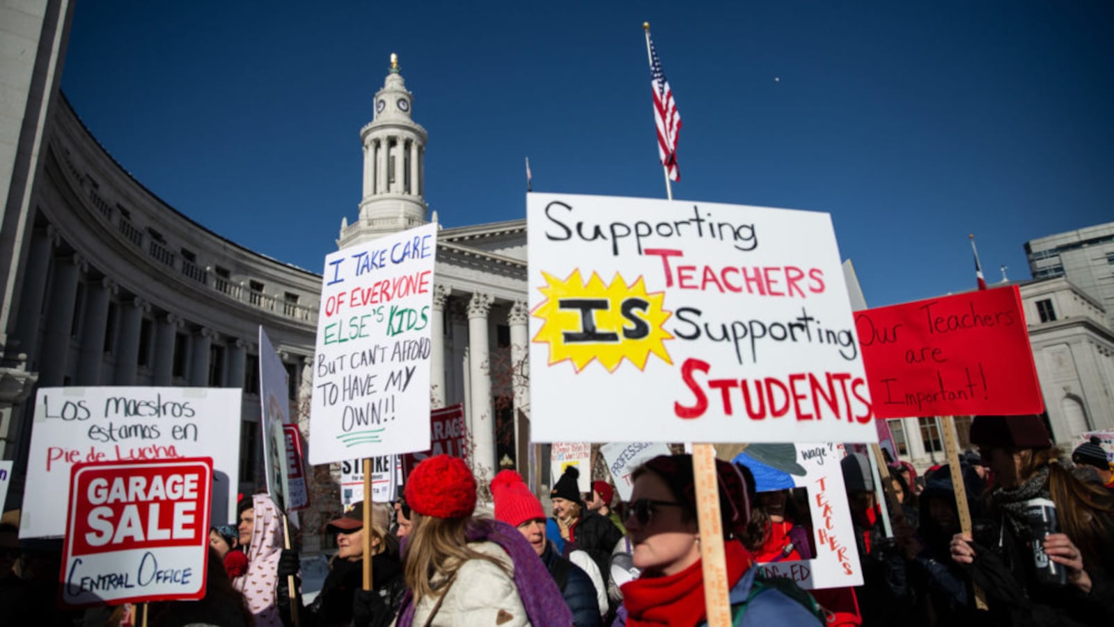 Denver teachers rally on the first day of a three-day strike.