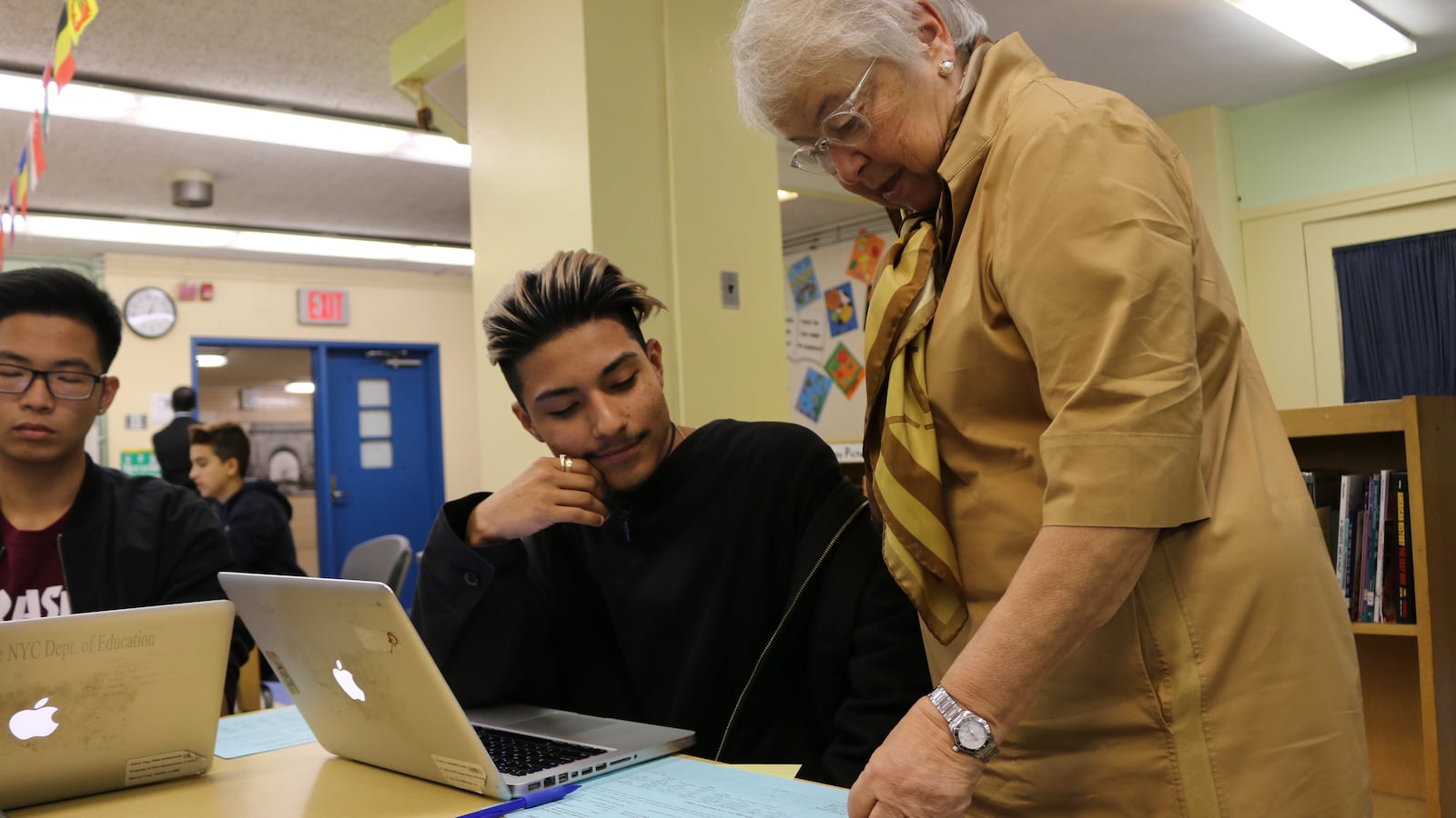 Schools Chancellor Carmen Fariña spoke with Bryant Ramirez about his college plans at Pace High School on Monday.