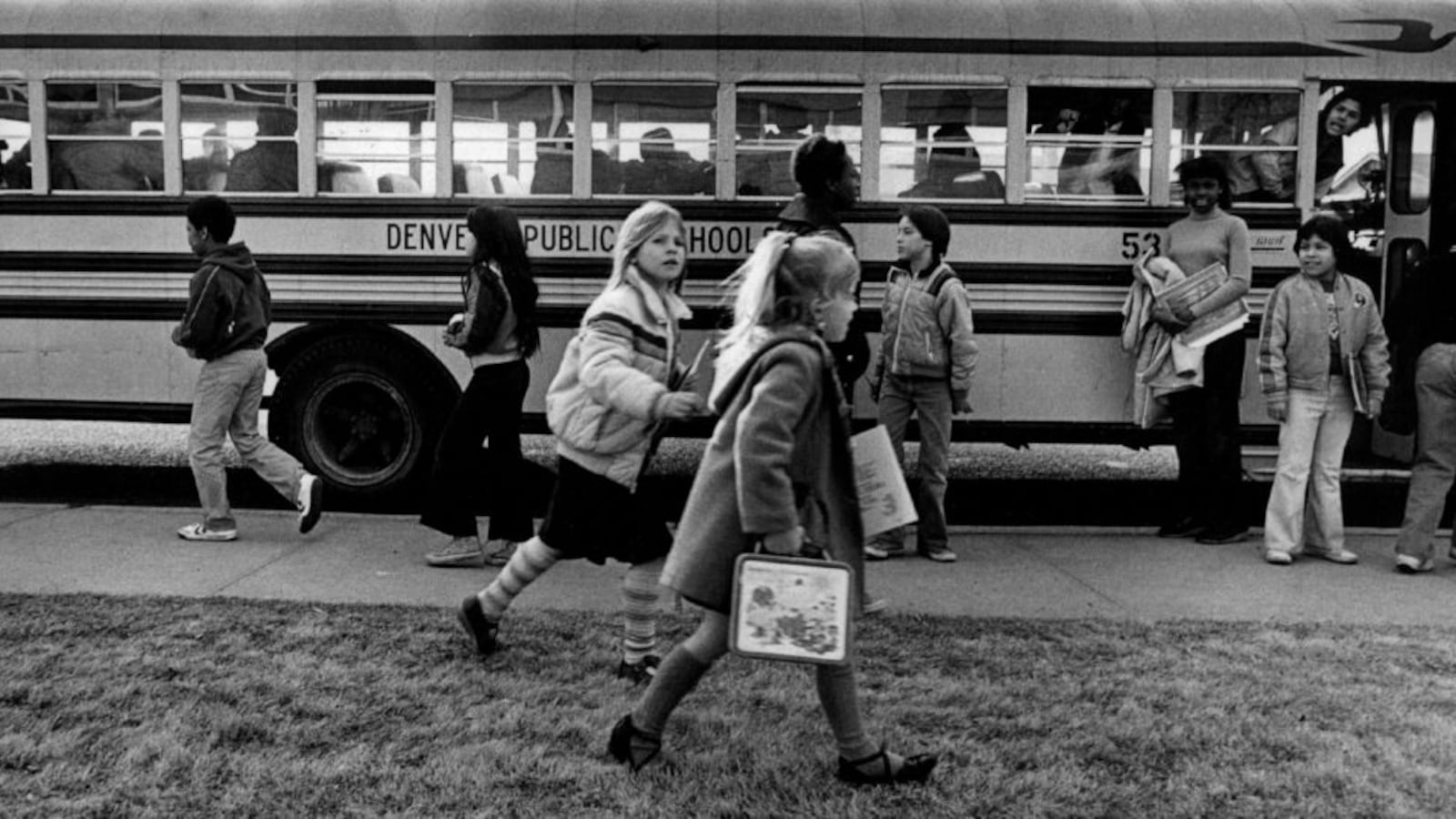 Denver children leave Sabin Elementary in Feburary 1982