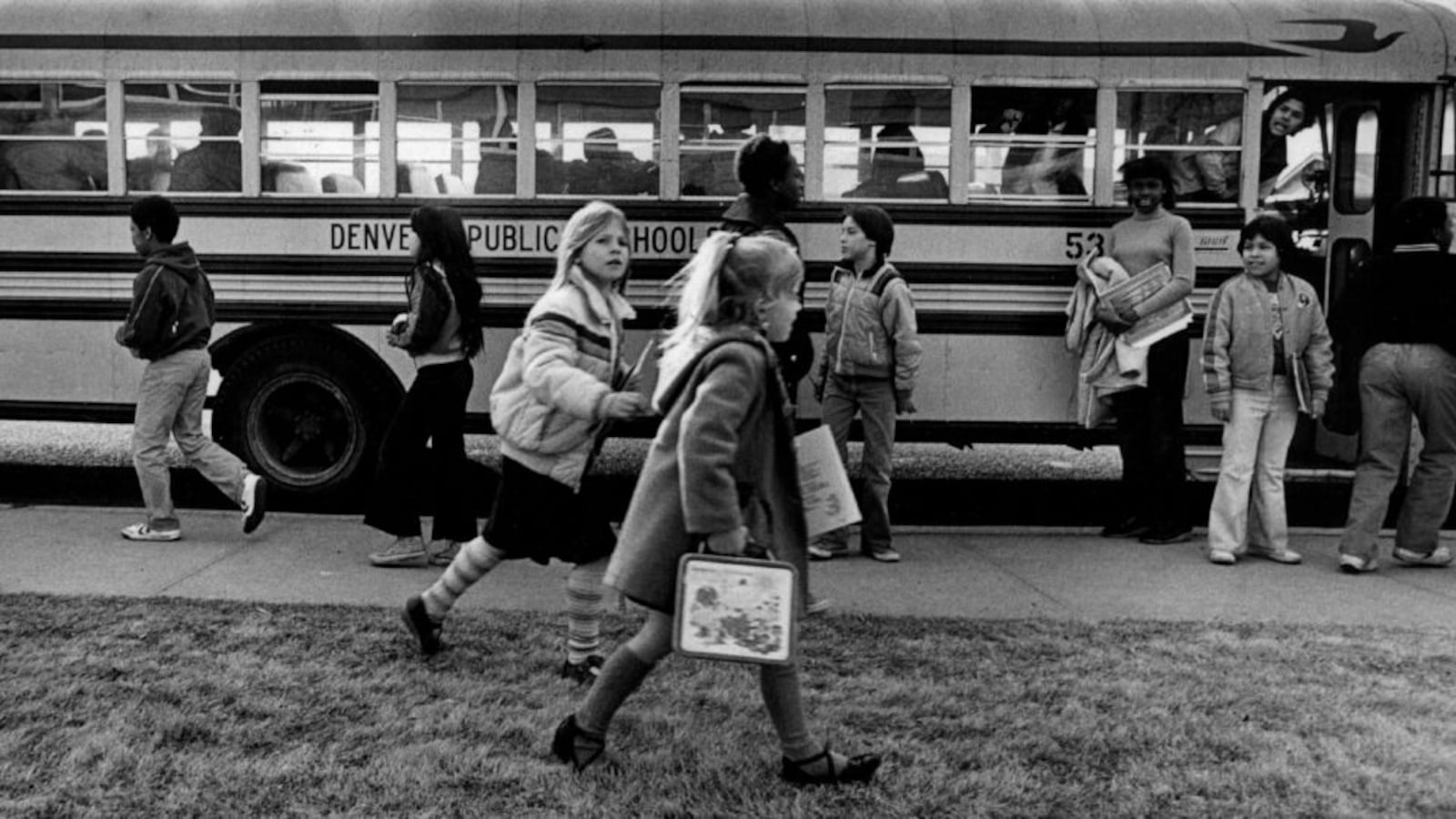 Denver children leave Sabin Elementary in Feburary 1982