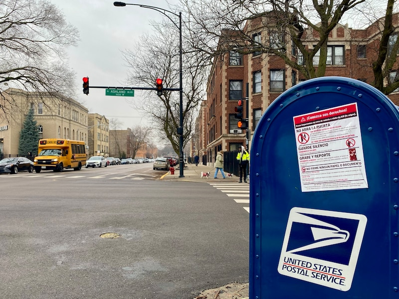 A USPS box with a "known your rights" sticker on the side on a street corner with a yellow school bus and a street light in the background.