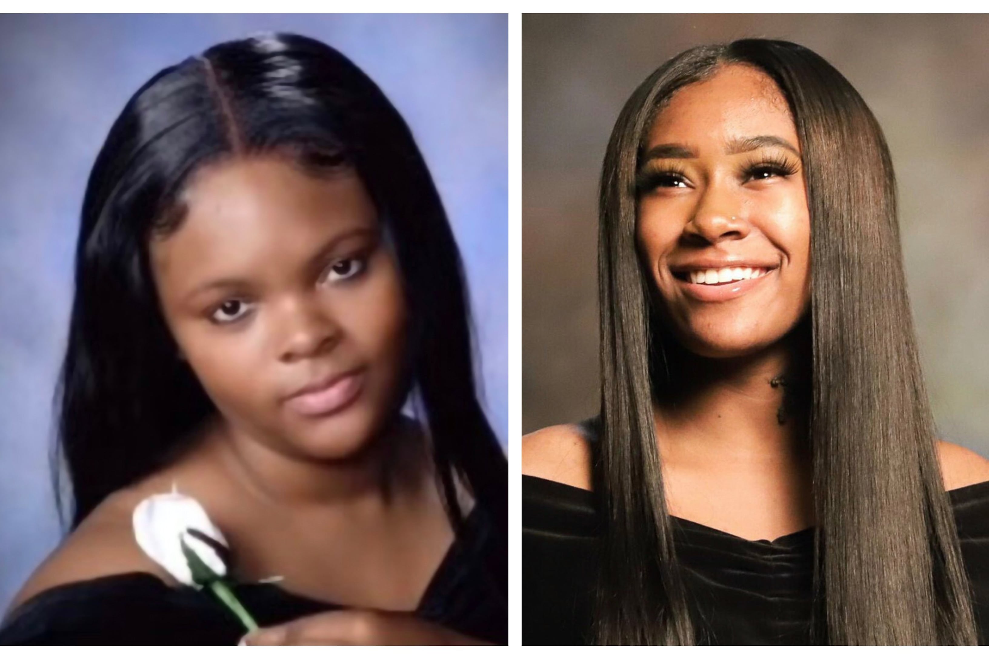 Two class portraits placed side-by-side. The young woman on the left is wearing a black dress and holding a white flower against a blue backdrop. The young woman on the right has long light brown hair and is wearing a black dress against a marble-colored background.
