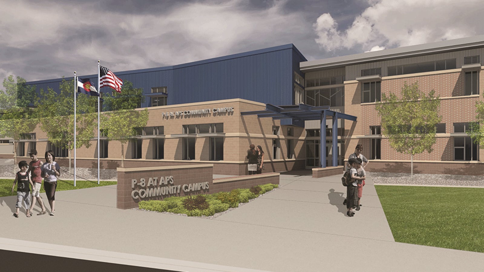 An artist's rendering of the front of Aurora Public School's new school that is expected to open next year. The school will serve preschool through eighth graders at 6th Avenue and Airport.