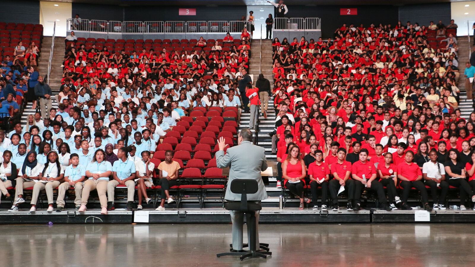 Superintendent Roger León addressed ninth-graders in September. That month, about 30 percent of those students were considered "chronically absent."