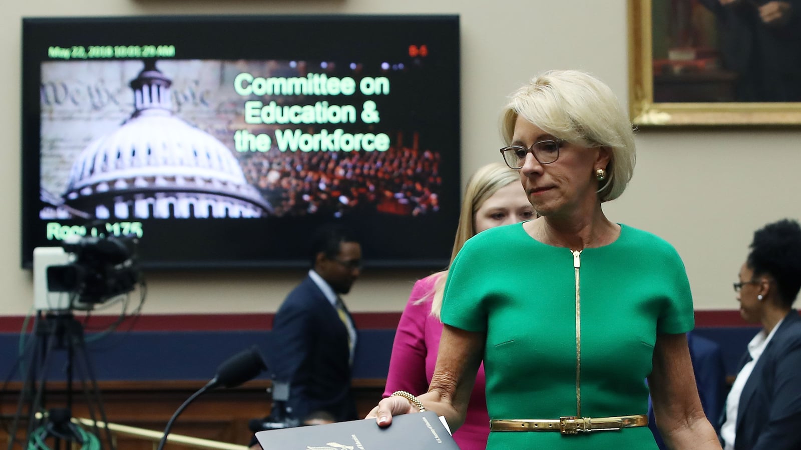 WASHINGTON, DC - MAY 22:  Education Secretary Betsy DeVos arrives to testify before a House House Education and the Workforce Committee on Capitol Hill, May 22, 2018 in Washington, DC. The hearing focus is on examining the policies and priorities of the U.S. Department of Education.  (Photo by Mark Wilson/Getty Images)