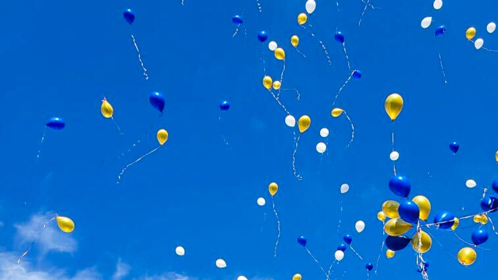 Hundreds of blue, gold, and white balloons are released above Simeon Career Academy.
