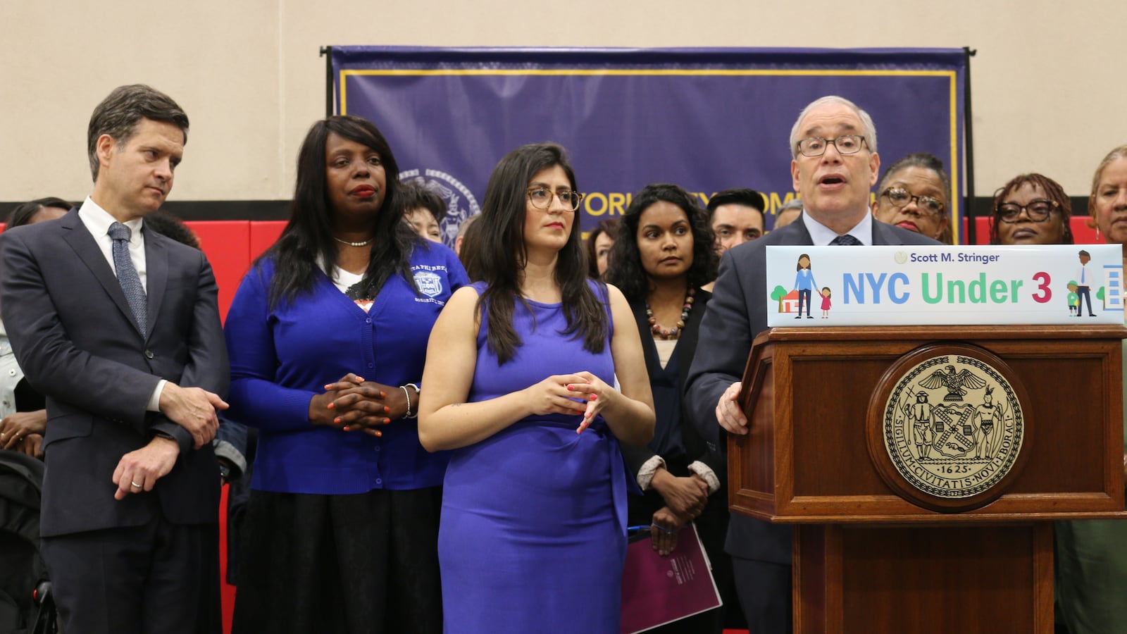 New York City comptroller Scott Stringer stands alongside state senators Brad Hoylman and Jessica Ramos, and Assemblywoman Latrice Walker, to call for a new payroll tax to pay for subsidized childcare.