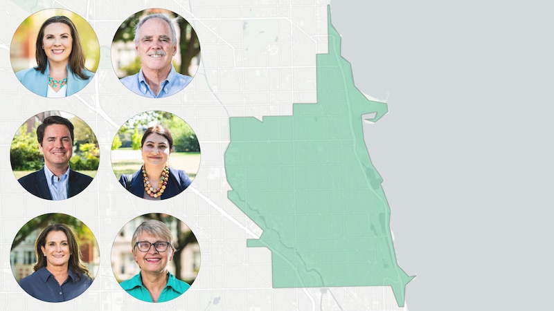 Six circule portraits on a white, green and grey map.