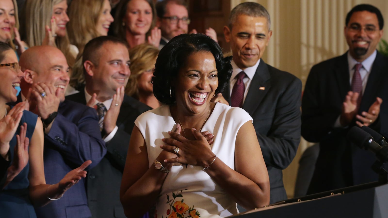 2016 National Teacher of the Year Jahana Hayes  after taking the stage with U.S. President Barack Obama, Education Secretary John King, and her fellow state teachers of the year during a ceremony in the White House in 2016.